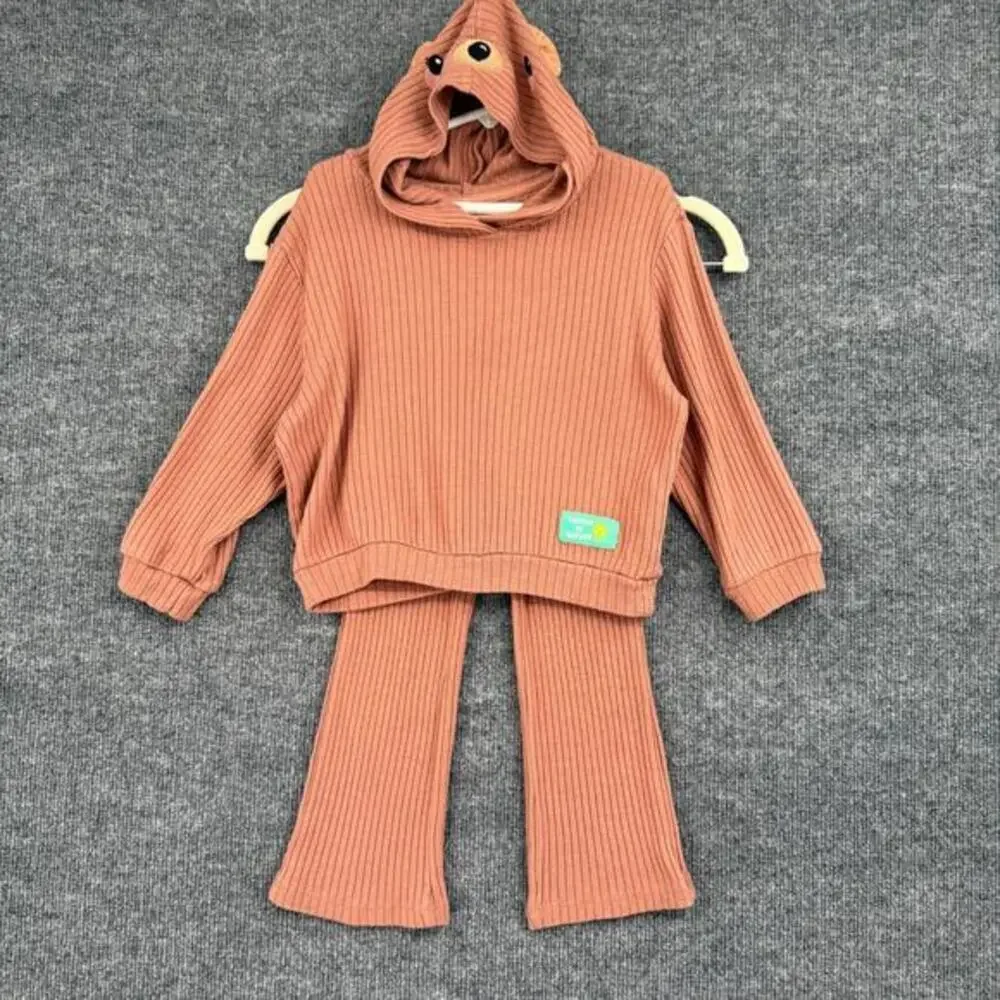 H&M Toddler Girls Knit Teddy Bear Hood Lounge Set Sz 3T Brown Flared Pants Cozy